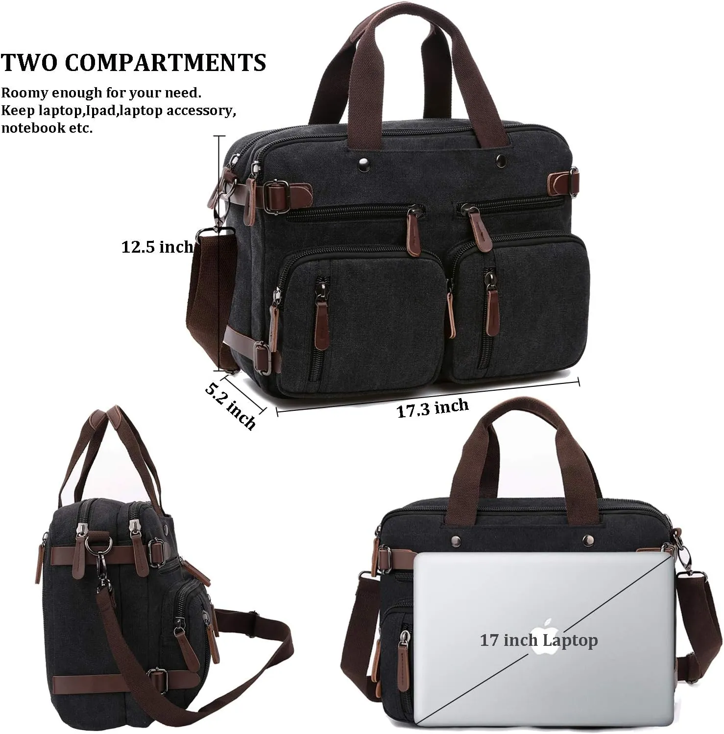 3 in 1 Convertible Laptop Backpack, 17.3 inch Messenger Bag for Men, Multi-Functional Travel Laptop Bag for College Men Women (17.3 Inch, Black)