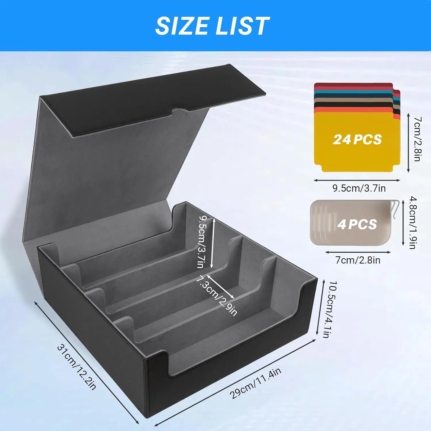 3000  Collectible Trading Card Cases, 4 Rows Deck Case with 24 Pcs Dividers & 4 Supporters, PU Leather Fits MTG, Game & Sport Cards (Black & Grey)