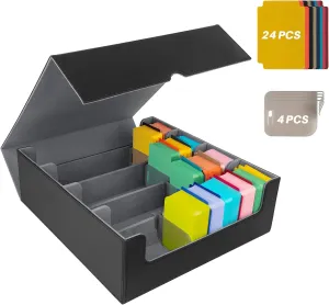 3000  Collectible Trading Card Cases, 4 Rows Deck Case with 24 Pcs Dividers & 4 Supporters, PU Leather Fits MTG, Game & Sport Cards (Black & Grey)