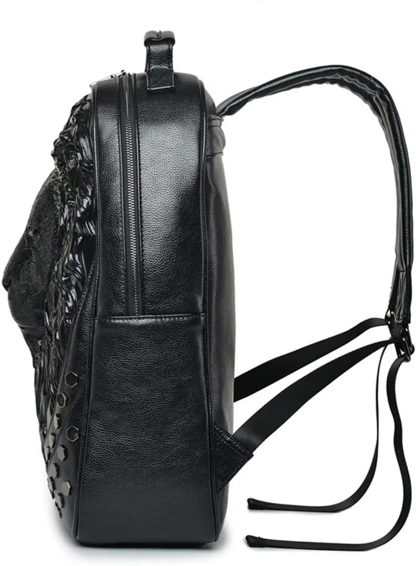3D Lion Leather Laptop Backpack Unique Designer Fashion Travel Rivet Punk Backpack (black)