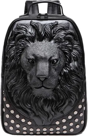 3D Lion Leather Laptop Backpack Unique Designer Fashion Travel Rivet Punk Backpack (black)