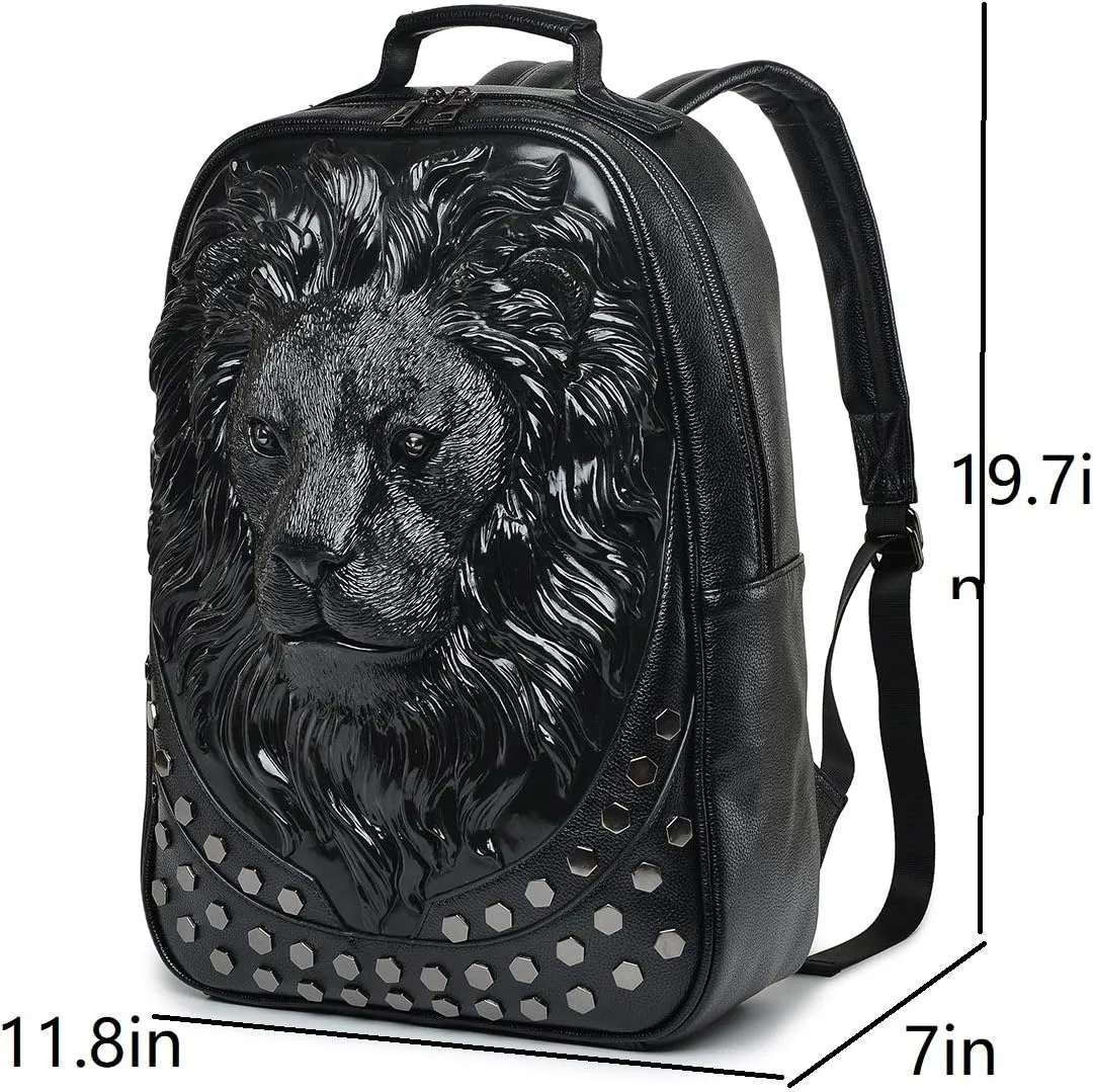 3D Lion Leather Laptop Backpack Unique Designer Fashion Travel Rivet Punk Backpack (black)