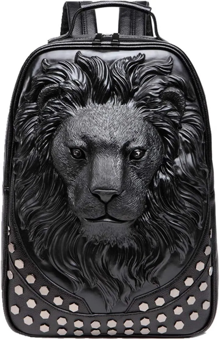 3D Lion Leather Laptop Backpack Unique Designer Fashion Travel Rivet Punk Backpack (black)
