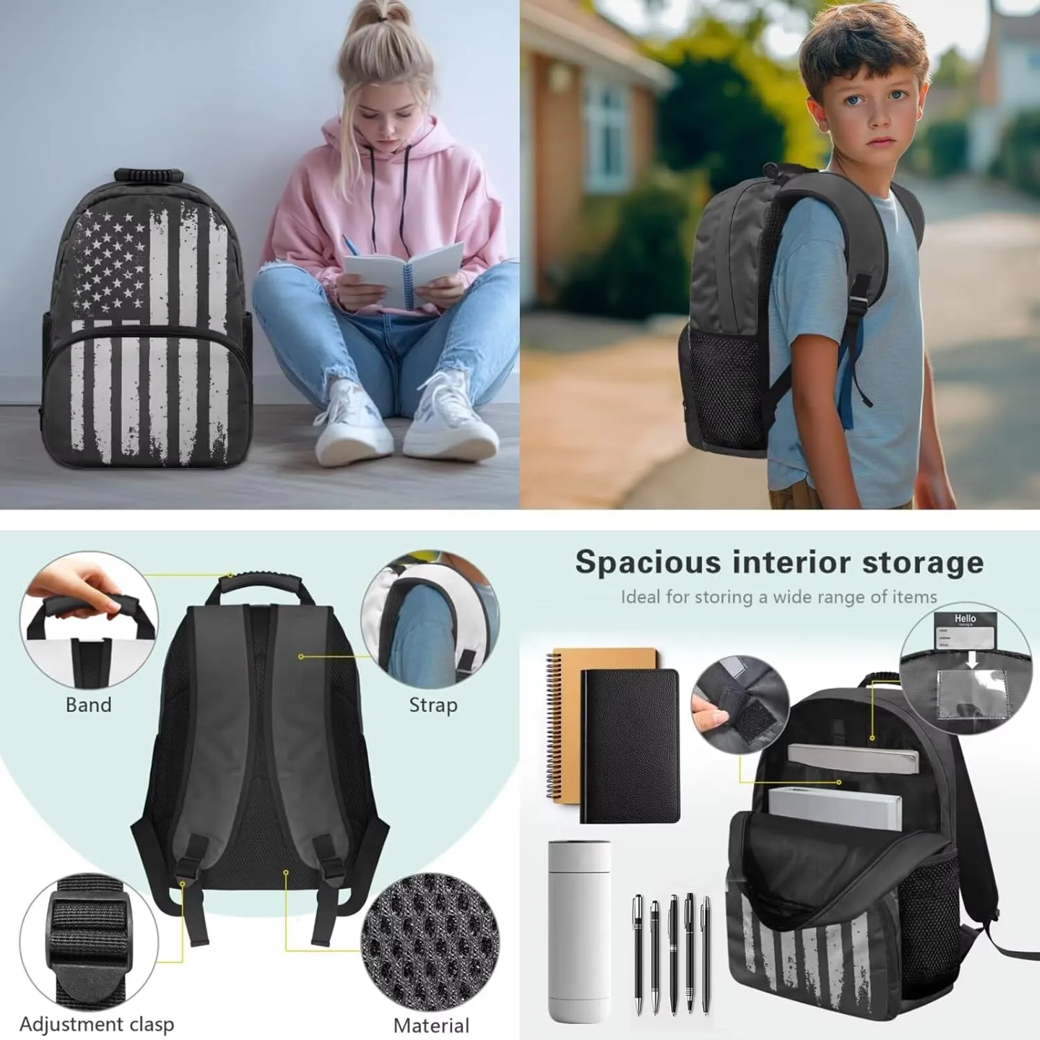 3PCS Black American Flag Boys Backpack,School Backpack for Boys with Lunch Box,Pencil Case,Book Bag Elementary Middle High School