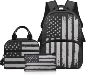 3PCS Black American Flag Boys Backpack,School Backpack for Boys with Lunch Box,Pencil Case,Book Bag Elementary Middle High School