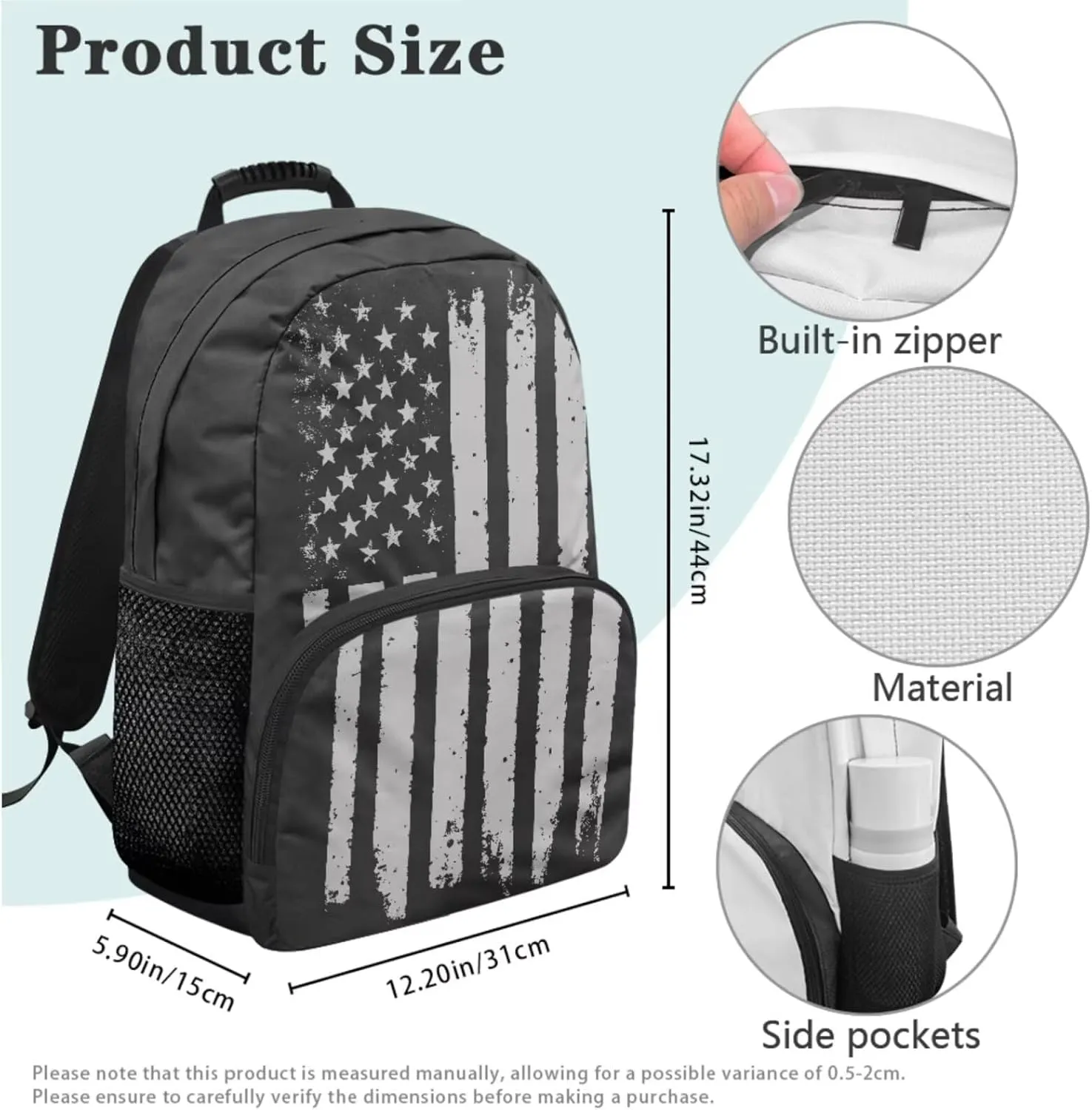3PCS Black American Flag Boys Backpack,School Backpack for Boys with Lunch Box,Pencil Case,Book Bag Elementary Middle High School