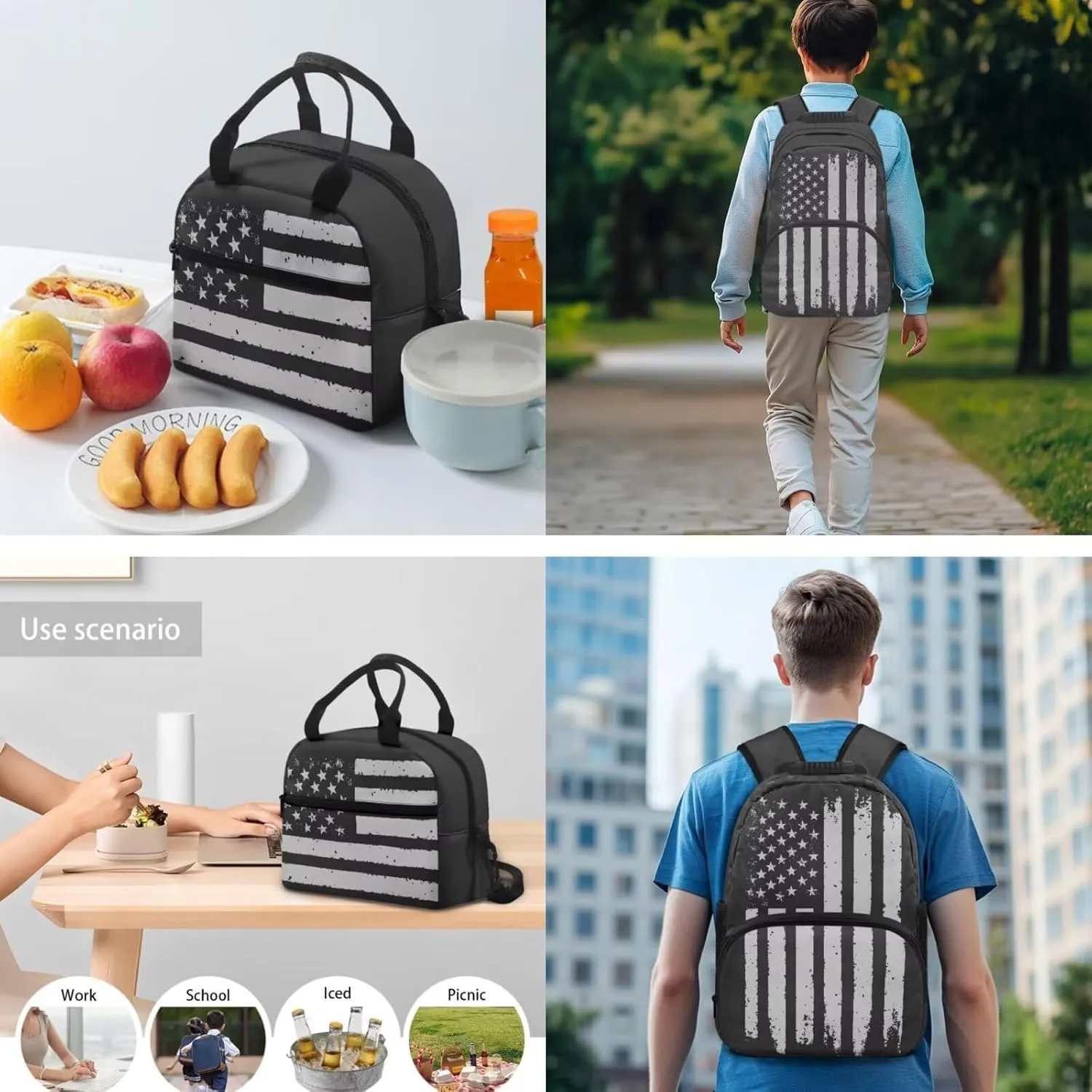 3PCS Black American Flag Boys Backpack,School Backpack for Boys with Lunch Box,Pencil Case,Book Bag Elementary Middle High School