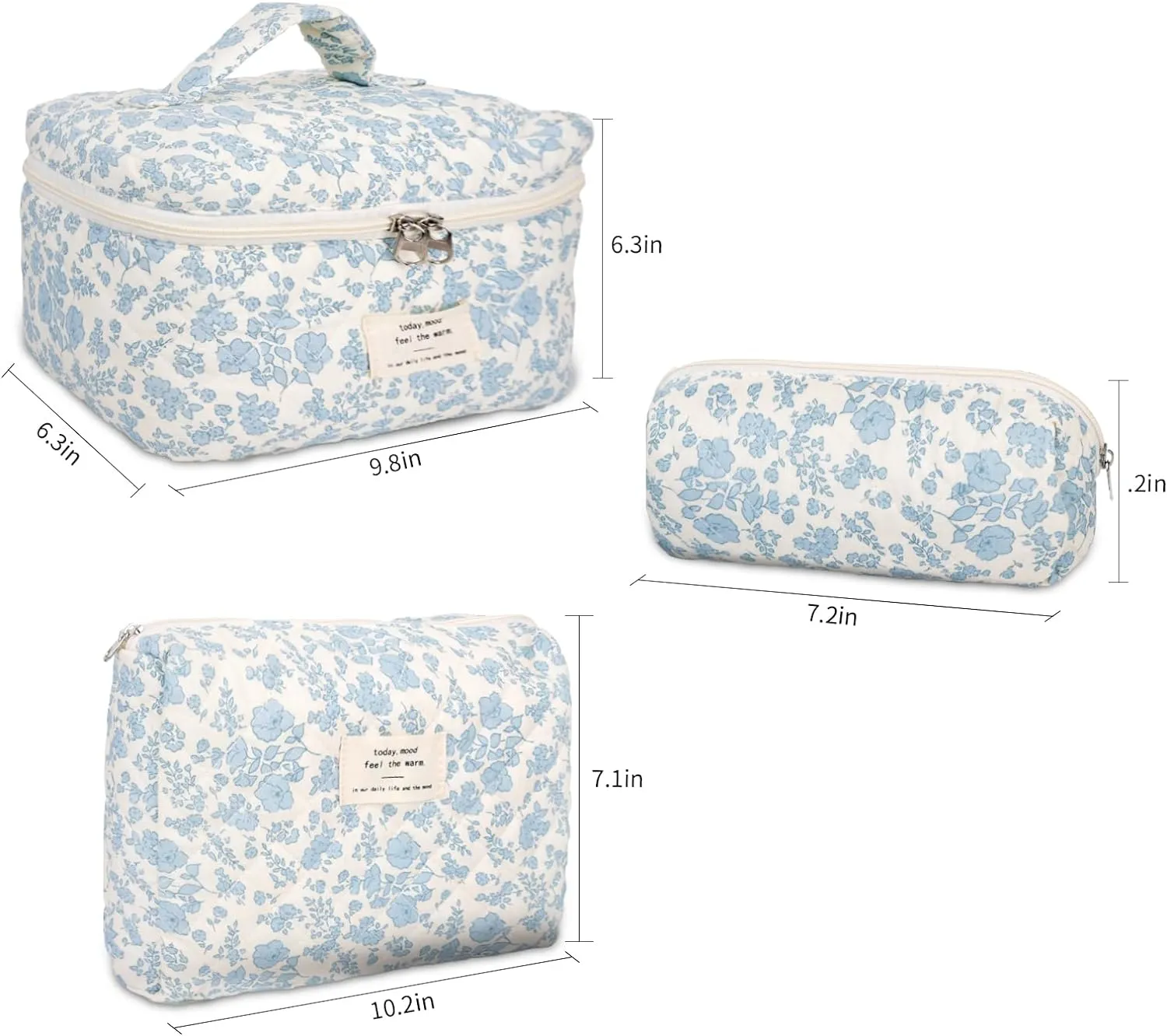 3Pcs Cotton Quilted Makeup Bag Large Travel Cosmetic Bag Coquette Makeup Pouch Cute Aesthetic Floral Toiletry Bag for Women Girls