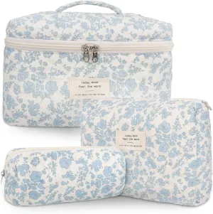 3Pcs Cotton Quilted Makeup Bag Large Travel Cosmetic Bag Coquette Makeup Pouch Cute Aesthetic Floral Toiletry Bag for Women Girls