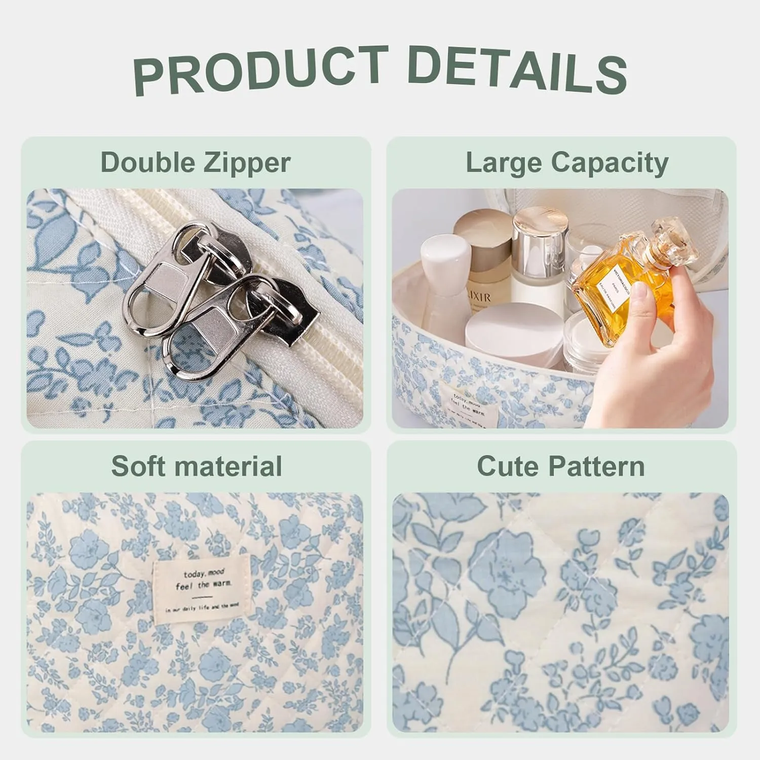 3Pcs Cotton Quilted Makeup Bag Large Travel Cosmetic Bag Coquette Makeup Pouch Cute Aesthetic Floral Toiletry Bag for Women Girls