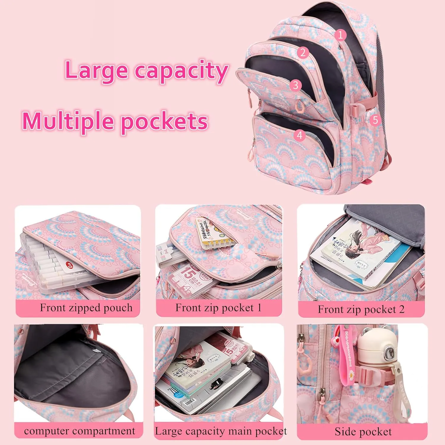 3PCS Girls Rolling Backpack Elementary Student Schoolbag Travel Trolley Bag Wheeled Bookbag with Lunch Box