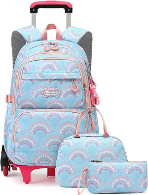 3PCS Girls Rolling Backpack Elementary Student Schoolbag Travel Trolley Bag Wheeled Bookbag with Lunch Box