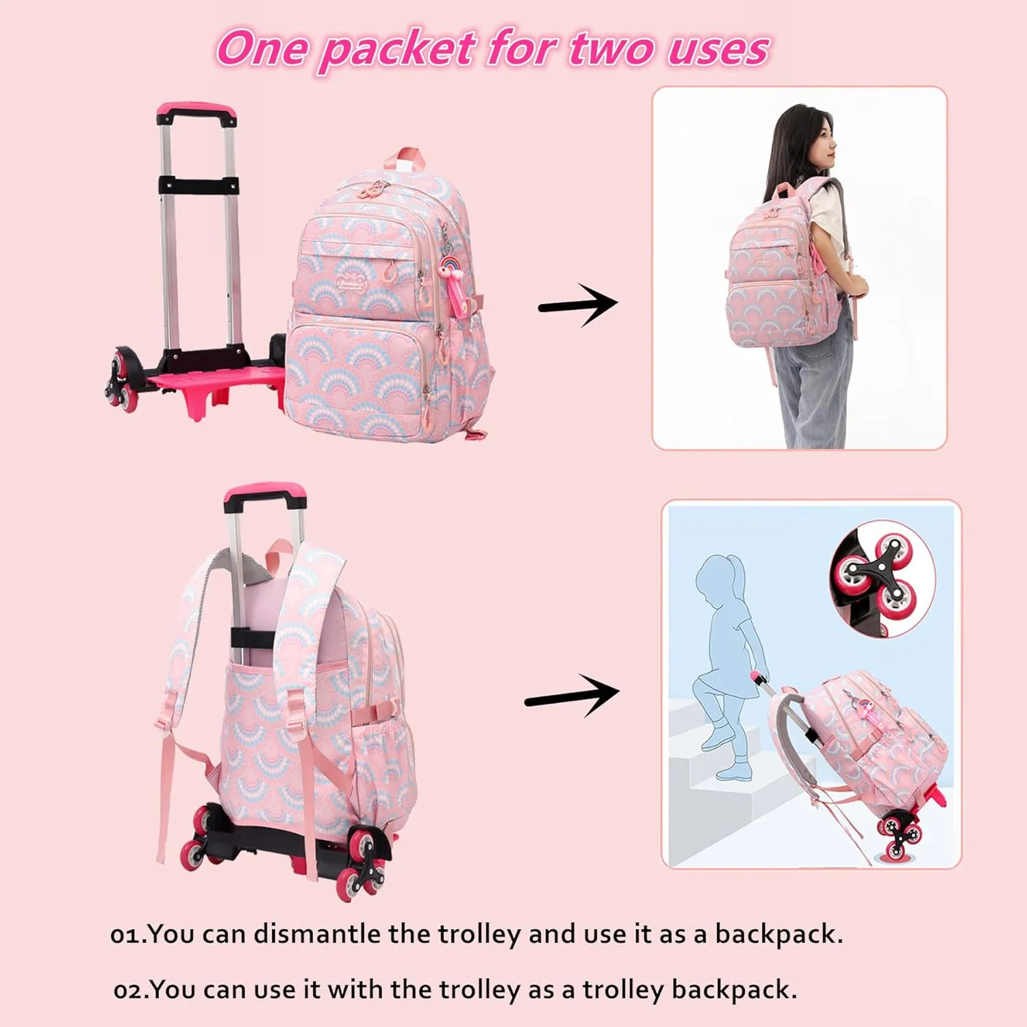 3PCS Girls Rolling Backpack Elementary Student Schoolbag Travel Trolley Bag Wheeled Bookbag with Lunch Box