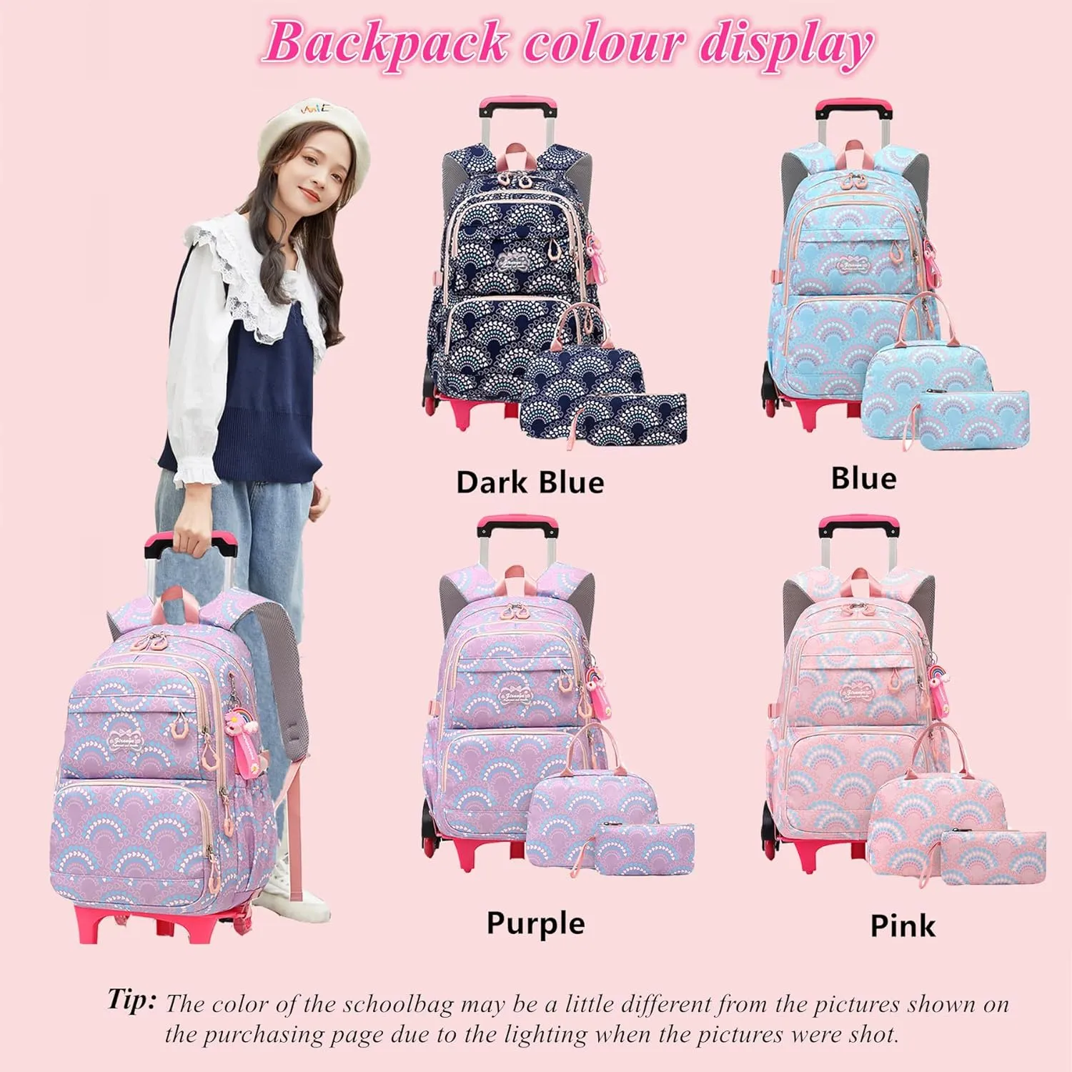 3PCS Girls Rolling Backpack Elementary Student Schoolbag Travel Trolley Bag Wheeled Bookbag with Lunch Box