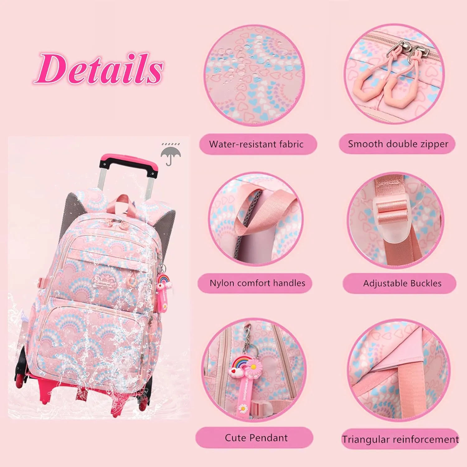 3PCS Girls Rolling Backpack Elementary Student Schoolbag Travel Trolley Bag Wheeled Bookbag with Lunch Box
