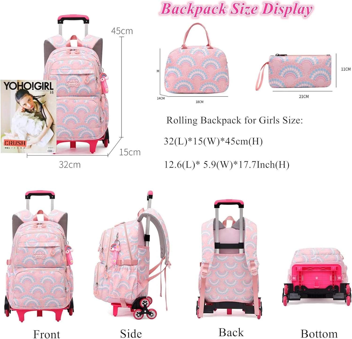 3PCS Girls Rolling Backpack Elementary Student Schoolbag Travel Trolley Bag Wheeled Bookbag with Lunch Box