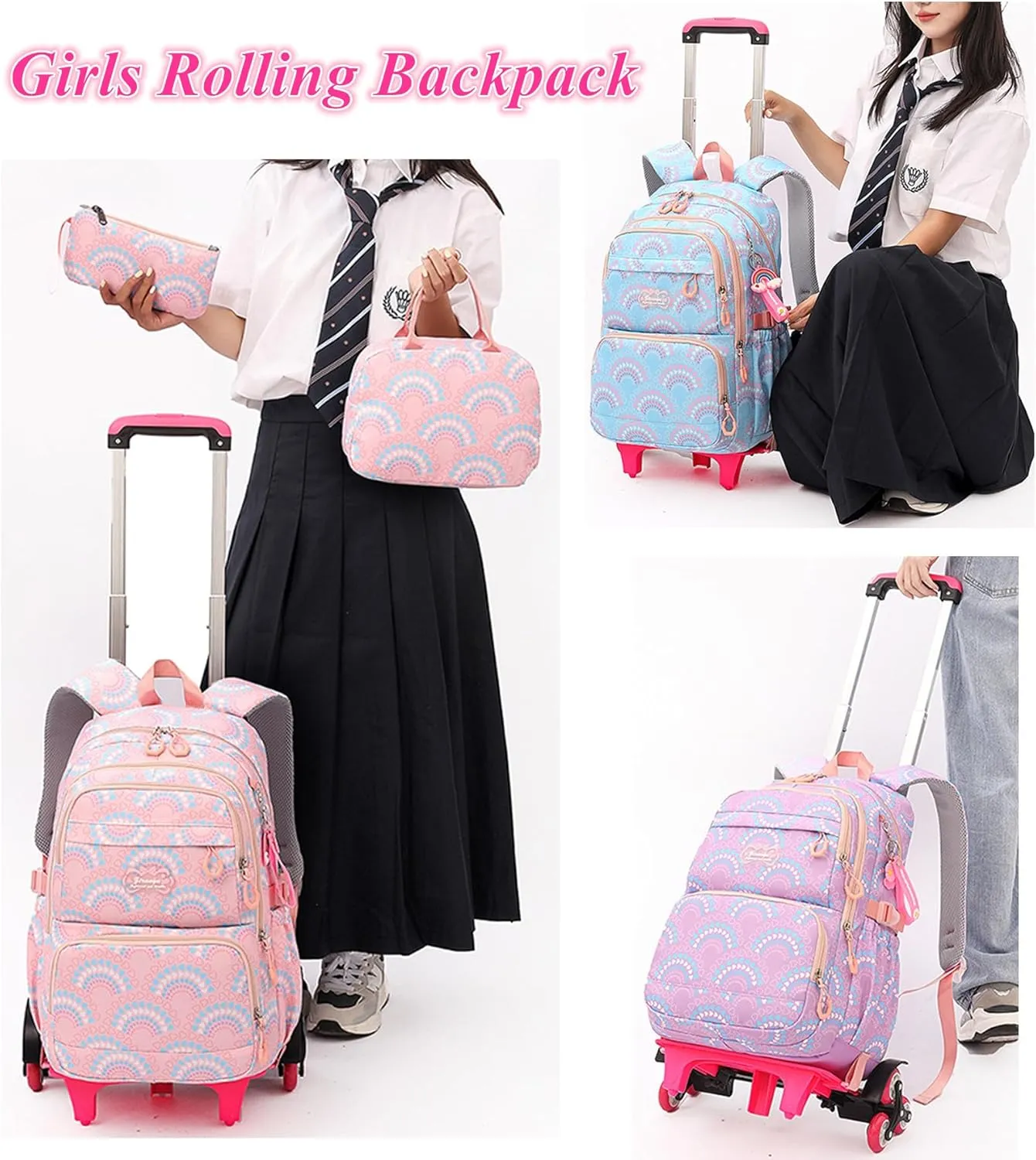 3PCS Girls Rolling Backpack Elementary Student Schoolbag Travel Trolley Bag Wheeled Bookbag with Lunch Box
