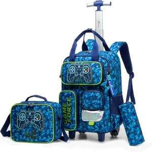 3pcs Kids Rolling Backpack, Gamer Roller Wheels Boys Bookbag, Wheeled Suitcase Elementary School Bag with Lunch Bag Set