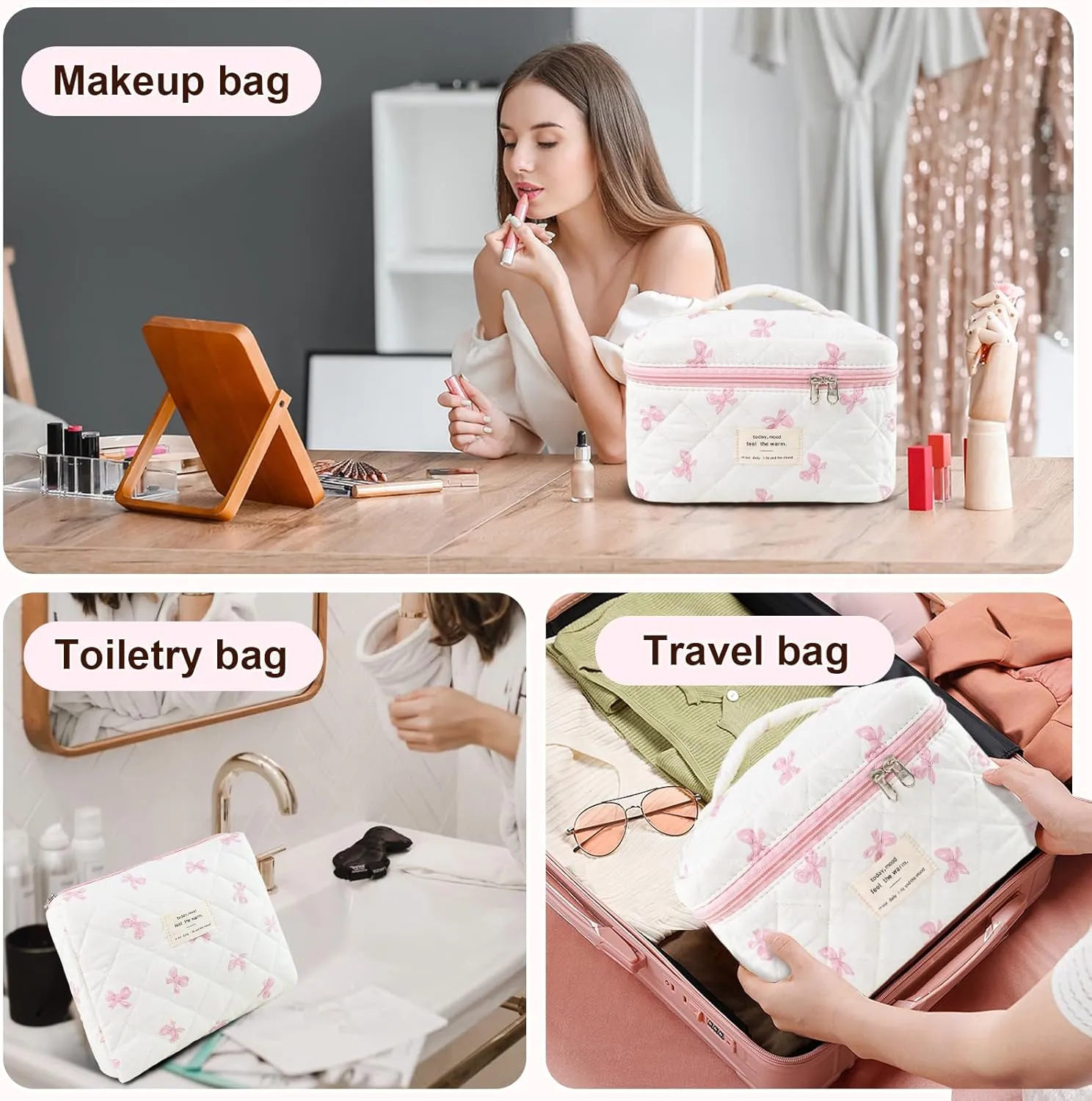 3Pcs Makeup Bag Cotton Quilted Travel Cosmetic Bag Cute Floral Makeup Pouch Large Toiletry Bag for Women Girls (Bow-Pink)