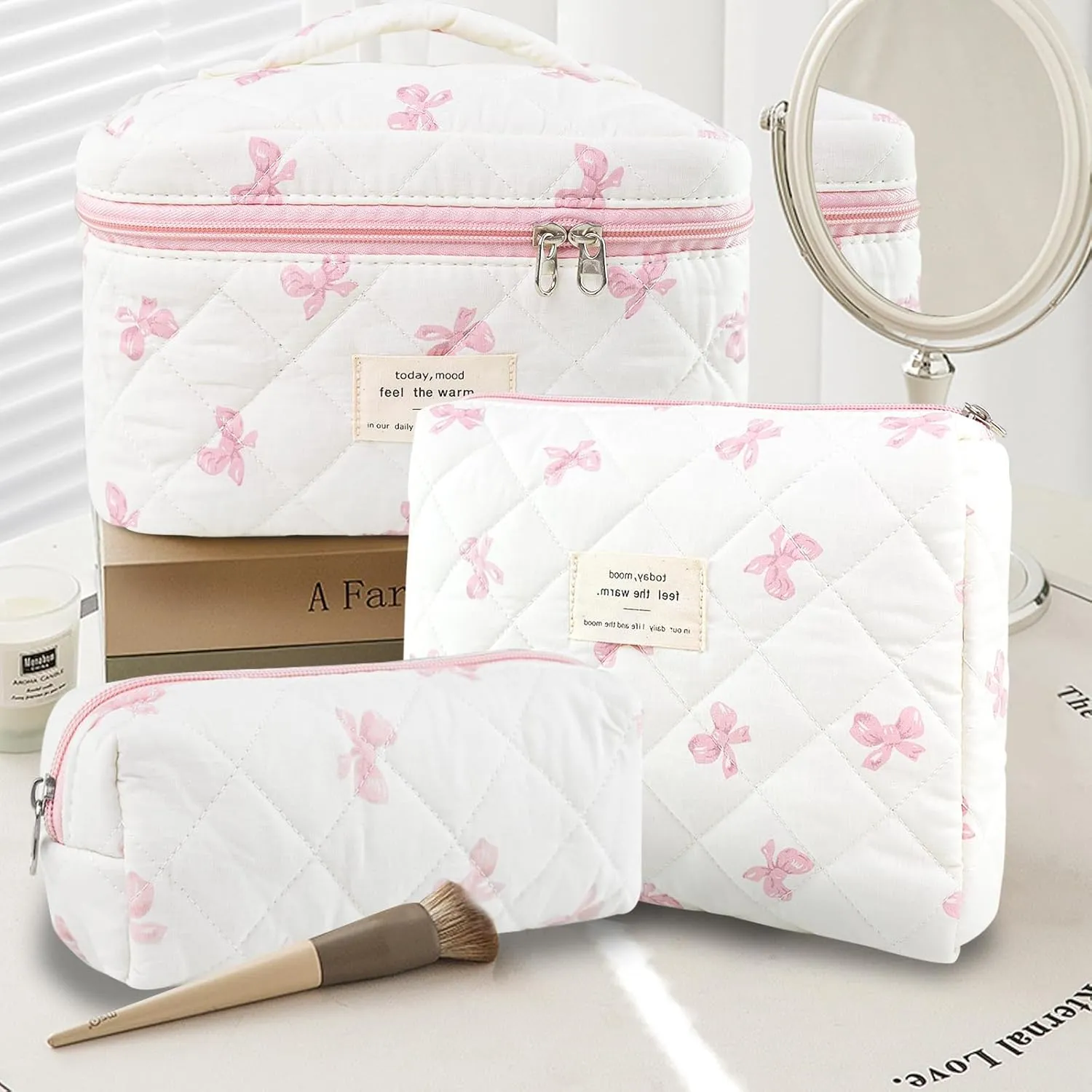 3Pcs Makeup Bag Cotton Quilted Travel Cosmetic Bag Cute Floral Makeup Pouch Large Toiletry Bag for Women Girls (Bow-Pink)