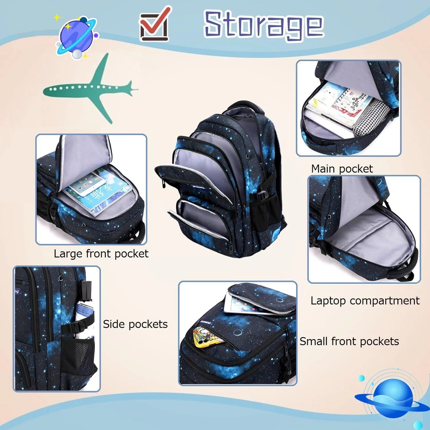 3Pcs Starry Sky Rolling Backpack for Boys Backpack with Wheels Roller School Bag 6 Wheels Trolley Bookbag with Lunch Bag