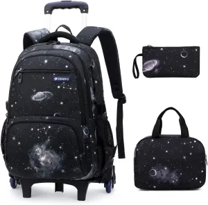 3Pcs Starry Sky Rolling Backpack for Boys Backpack with Wheels Roller School Bag 6 Wheels Trolley Bookbag with Lunch Bag