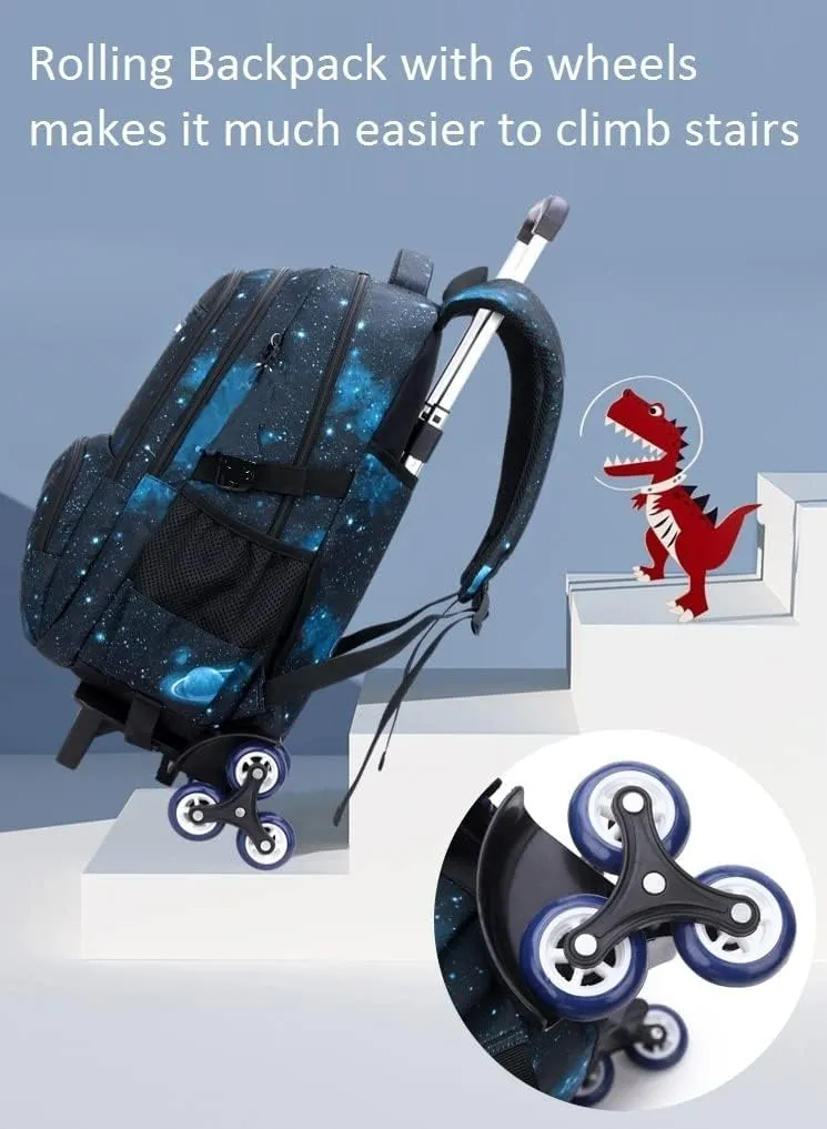 3Pcs Starry Sky Rolling Backpack for Boys Backpack with Wheels Roller School Bag 6 Wheels Trolley Bookbag with Lunch Bag