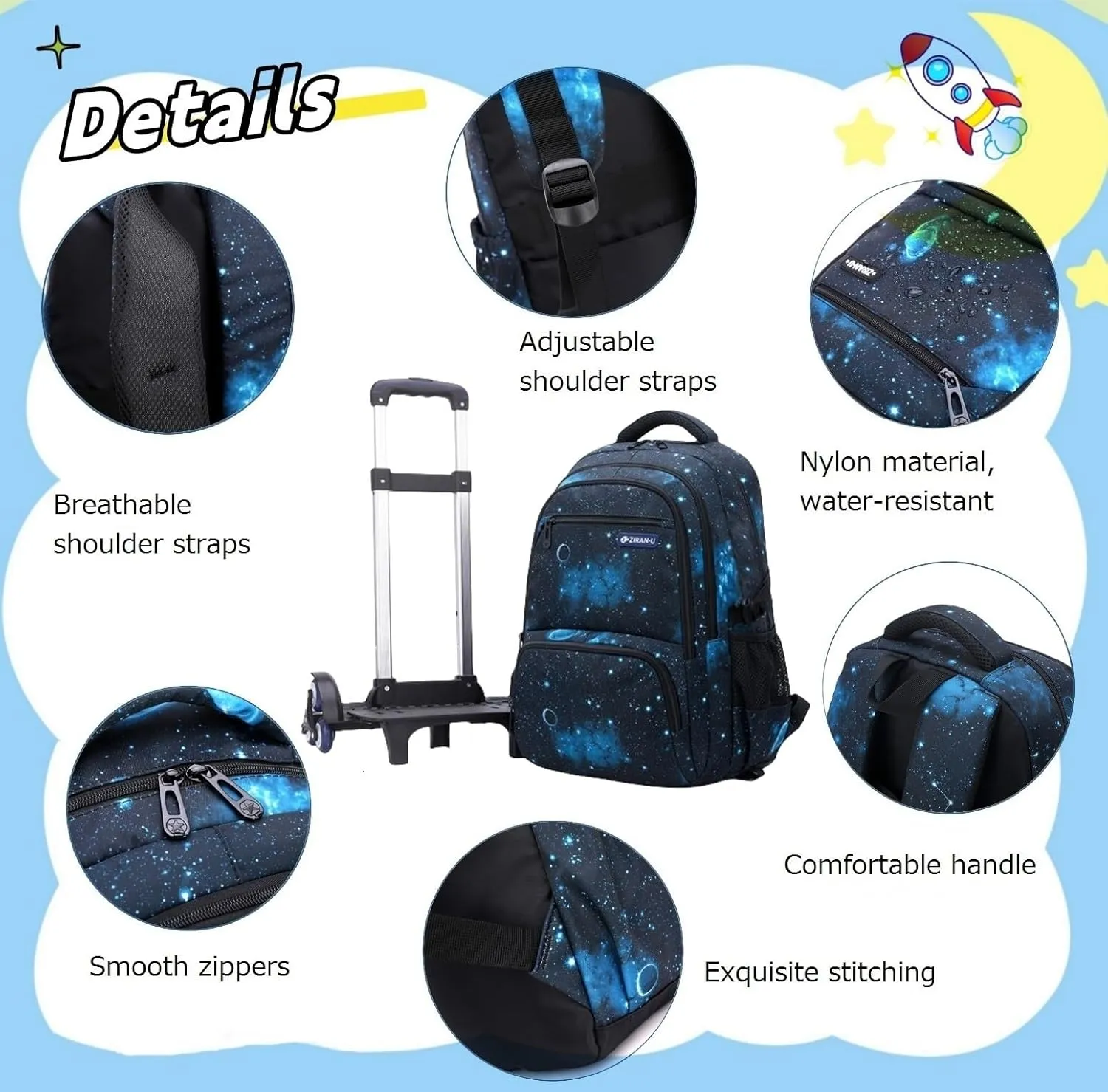 3Pcs Starry Sky Rolling Backpack for Boys Backpack with Wheels Roller School Bag 6 Wheels Trolley Bookbag with Lunch Bag