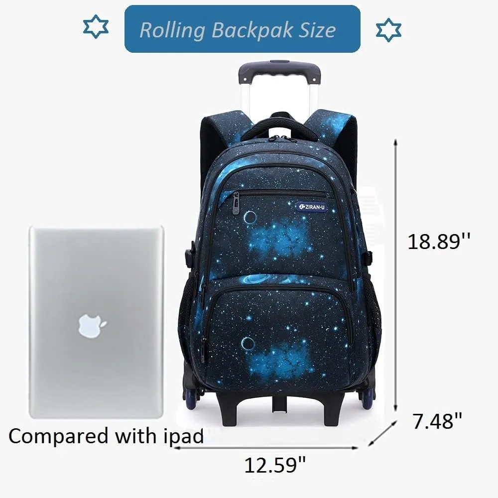 3Pcs Starry Sky Rolling Backpack for Boys Backpack with Wheels Roller School Bag 6 Wheels Trolley Bookbag with Lunch Bag