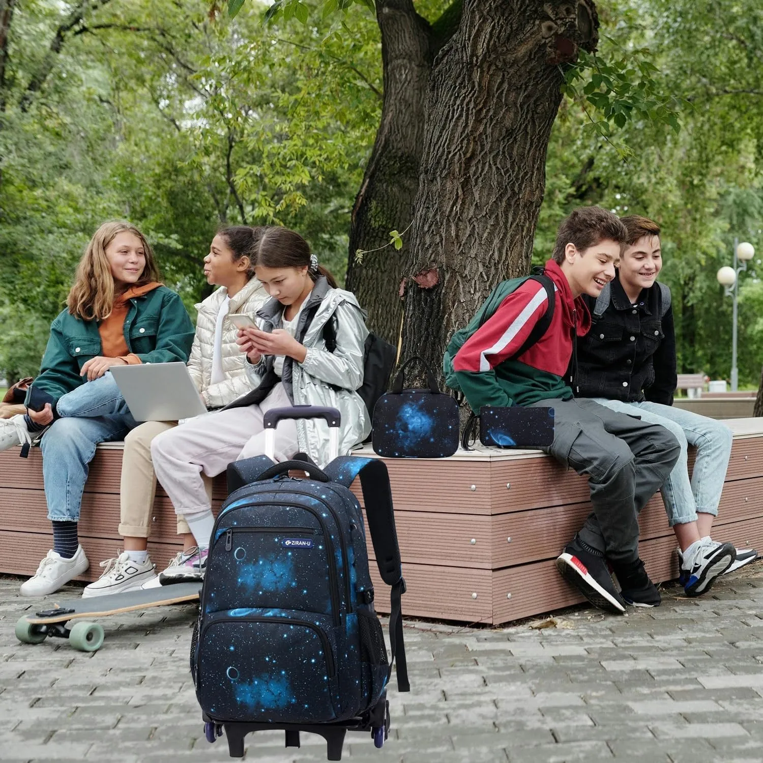 3Pcs Starry Sky Rolling Backpack for Boys Backpack with Wheels Roller School Bag 6 Wheels Trolley Bookbag with Lunch Bag