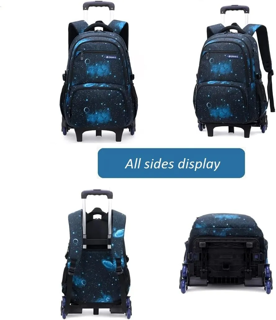3Pcs Starry Sky Rolling Backpack for Boys Backpack with Wheels Roller School Bag 6 Wheels Trolley Bookbag with Lunch Bag