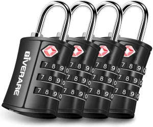 4 Pack TSA Approved Travel Luggage Locks, Combination Lock Keyless, 3-Digit Padlocks, Travel Sentry Accepted Compatible Padlock for Gym Locker, Golf Bag Case, Backpack, Black-by GIVERARE