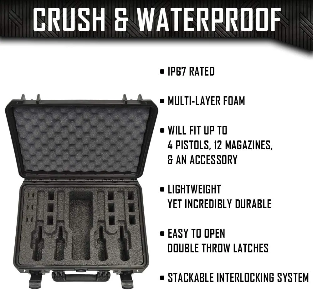 4 Pistol 12 Magazine Doro Gun Case with Custom MyCaseBuilder Foam Insert - Waterproof, Heavy Duty - Tactical Firearms, Ammunition, and Accessory Holder - 18 x 14 x 7 Inches