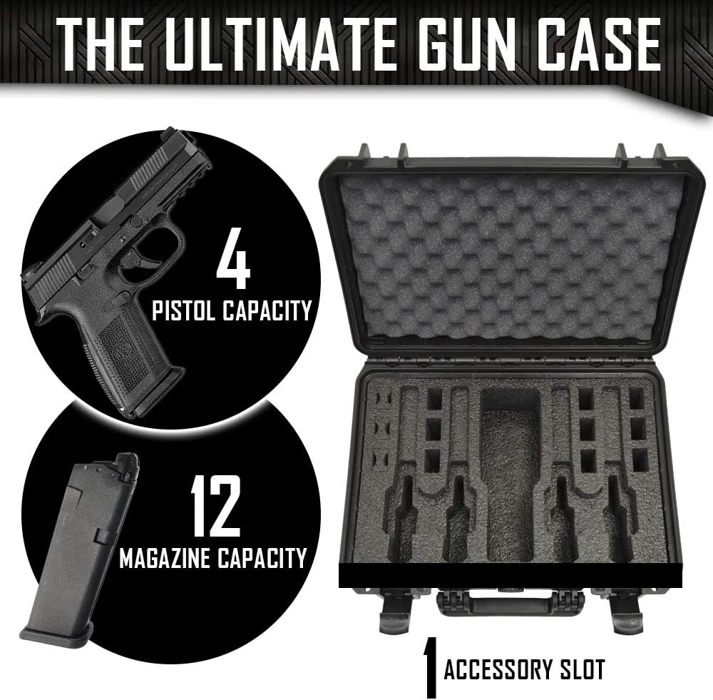 4 Pistol 12 Magazine Doro Gun Case with Custom MyCaseBuilder Foam Insert - Waterproof, Heavy Duty - Tactical Firearms, Ammunition, and Accessory Holder - 18 x 14 x 7 Inches