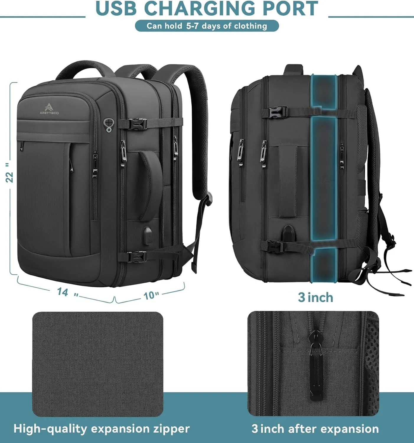 55L Extra Large Travel Laptop Backpack,Carry On Backpack for Men, Expandable Big Capacity Heavy Duty Business Suitcase Daypack Bag Fits 18.4 Inch Laptops, Travel Gifts for Men Women, Black