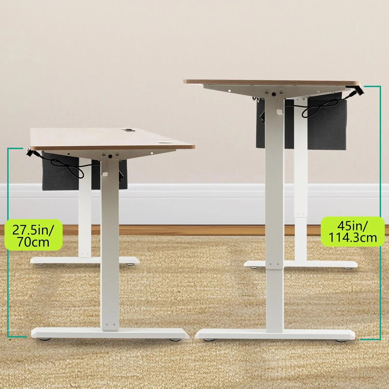 55x24 Inch Electric Height Adjustable Standing Desk with Cable Management, Acceptable 220V,Splice Board, Mouse Pad, 2-Outlet Power Strip with USB 20W Charger, and Casters（White Frame&Log Top）