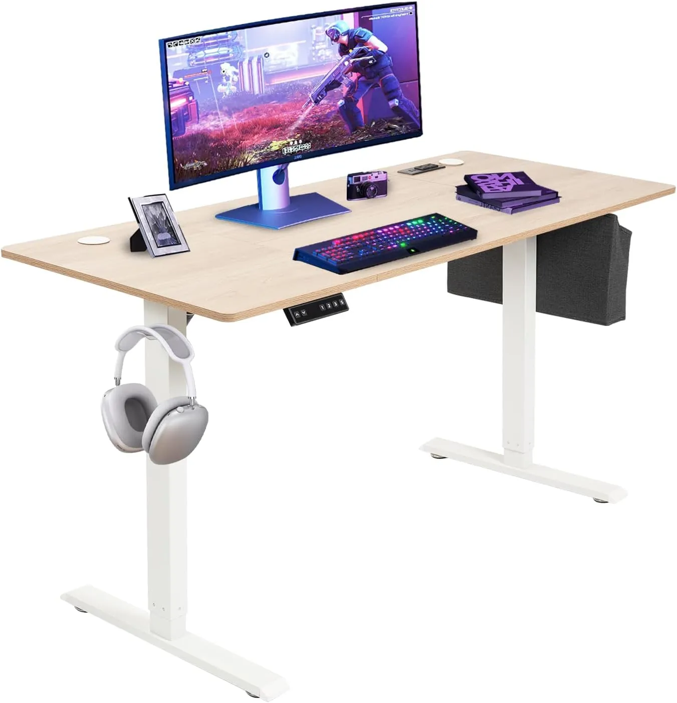 55x24 Inch Electric Height Adjustable Standing Desk with Cable Management, Acceptable 220V,Splice Board, Mouse Pad, 2-Outlet Power Strip with USB 20W Charger, and Casters（White Frame&Log Top）