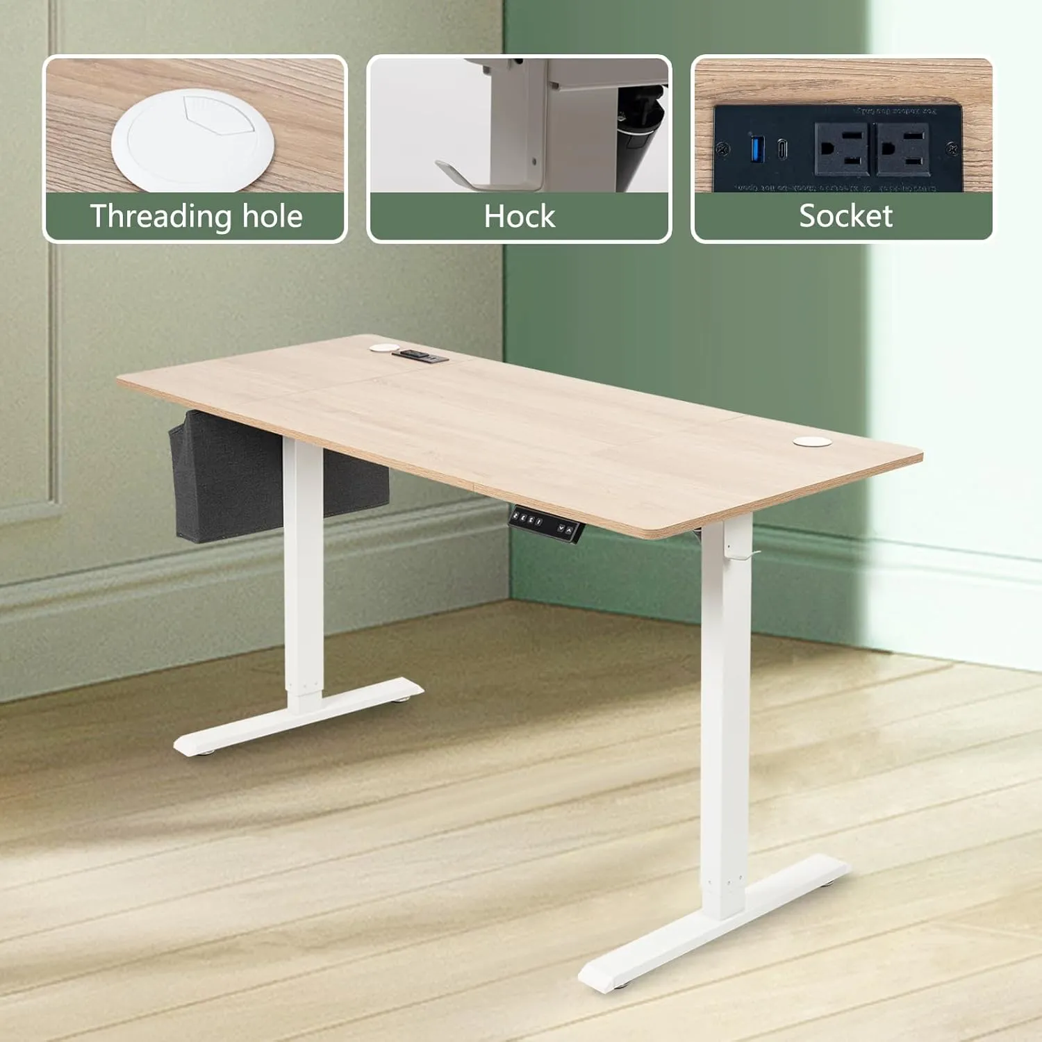 55x24 Inch Electric Height Adjustable Standing Desk with Cable Management, Acceptable 220V,Splice Board, Mouse Pad, 2-Outlet Power Strip with USB 20W Charger, and Casters（White Frame&Log Top）