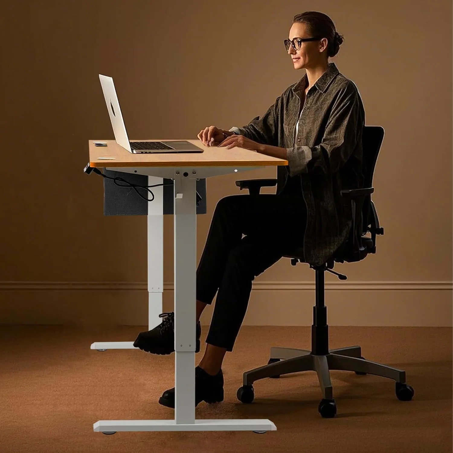 55x24 Inch Electric Height Adjustable Standing Desk with Cable Management, Acceptable 220V,Splice Board, Mouse Pad, 2-Outlet Power Strip with USB 20W Charger, and Casters（White Frame&Log Top）