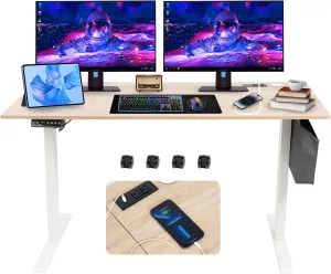 55x24 Inch Electric Height Adjustable Standing Desk with Cable Management, Acceptable 220V,Splice Board, Mouse Pad, 2-Outlet Power Strip with USB 20W Charger, and Casters（White Frame&Log Top）