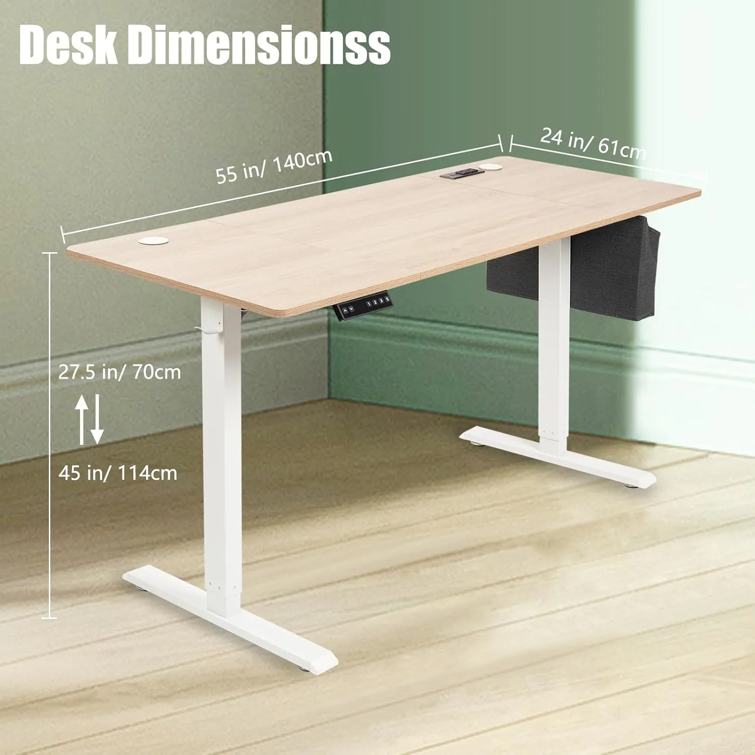 55x24 Inch Electric Height Adjustable Standing Desk with Cable Management, Acceptable 220V,Splice Board, Mouse Pad, 2-Outlet Power Strip with USB 20W Charger, and Casters（White Frame&Log Top）