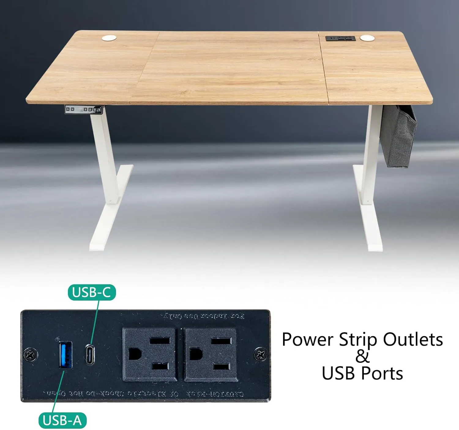 55x24 Inch Electric Height Adjustable Standing Desk with Cable Management, Acceptable 220V,Splice Board, Mouse Pad, 2-Outlet Power Strip with USB 20W Charger, and Casters（White Frame&Log Top）