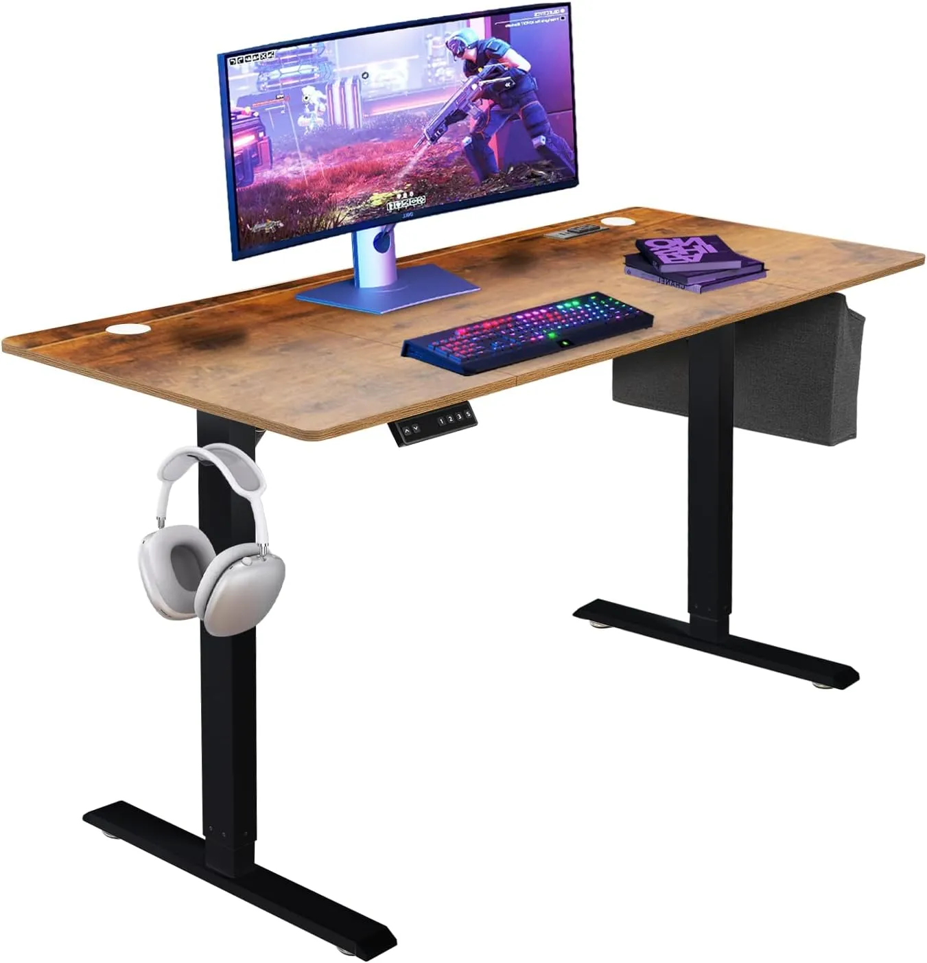 55x24 Inch Electric Height Adjustable Standing Desk with Cable Management, Splice Board, Mouse Pad, 2-Outlet Power Strip with USB 20W Charger, and Casters (Brown 55 * 24)