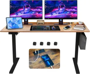 55x24 Inch Electric Height Adjustable Standing Desk with Cable Management, Splice Board, Mouse Pad, 2-Outlet Power Strip with USB 20W Charger, and Casters (Brown 55 * 24)