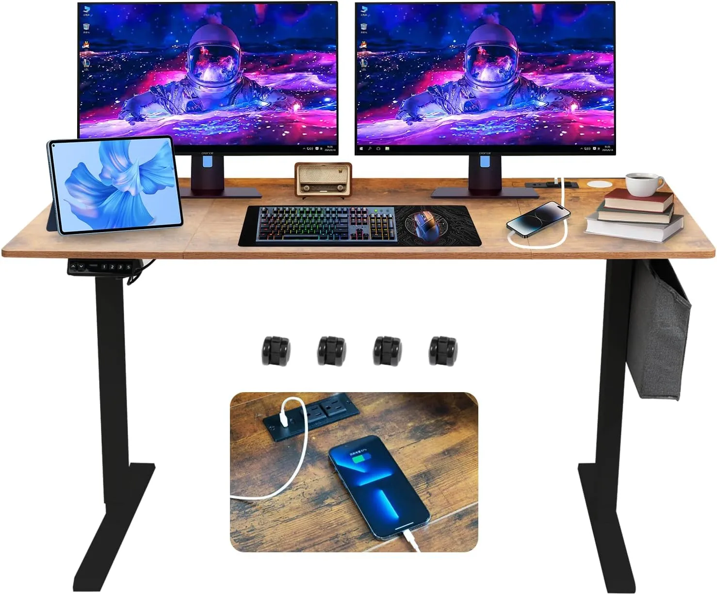 55x24 Inch Electric Height Adjustable Standing Desk with Cable Management, Splice Board, Mouse Pad, 2-Outlet Power Strip with USB 20W Charger, and Casters (Brown 55 * 24)
