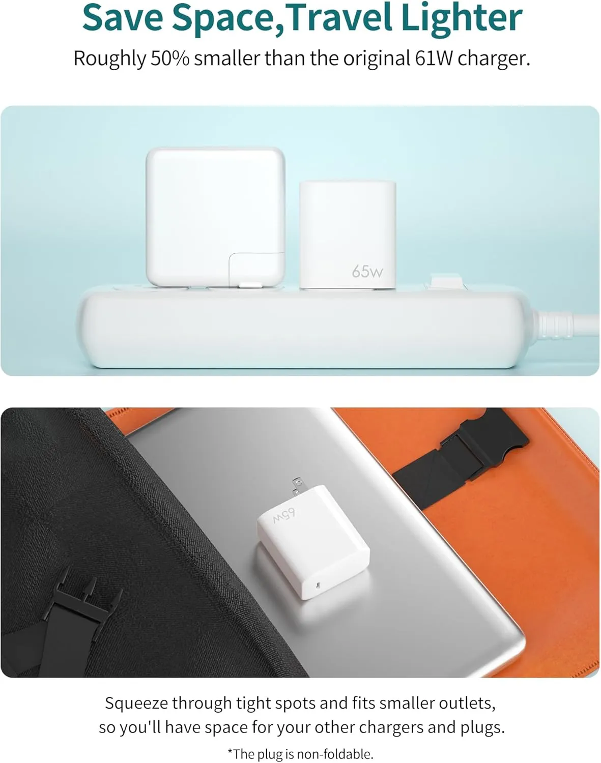 65W GaN PPS Compact Wall Charger for Laptops, Tablets & Phones (MacBook Pro/Air, iPad, iPhone 16/Pro, Galaxy and More) PD Adapter with 6.6ft USB-C to USB-C Cable, White