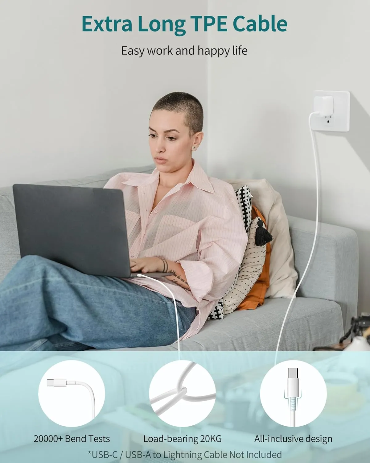 65W GaN PPS Compact Wall Charger for Laptops, Tablets & Phones (MacBook Pro/Air, iPad, iPhone 16/Pro, Galaxy and More) PD Adapter with 6.6ft USB-C to USB-C Cable, White