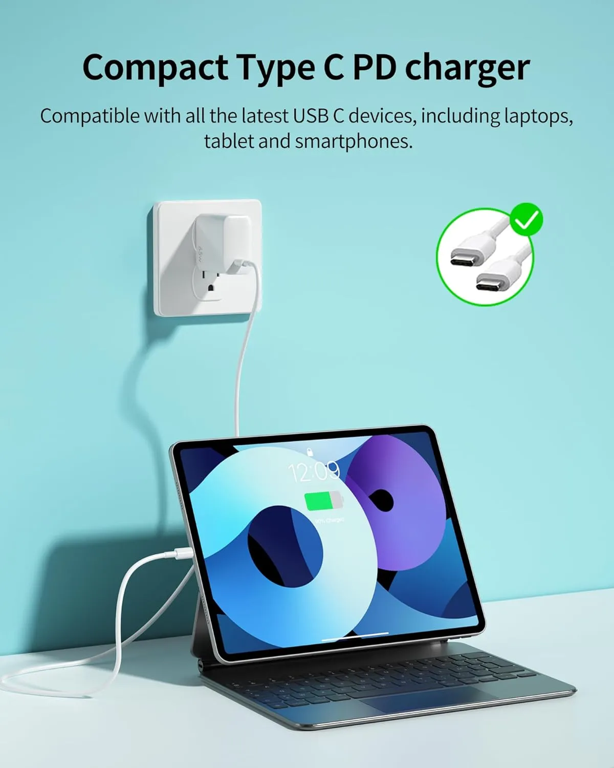 65W GaN PPS Compact Wall Charger for Laptops, Tablets & Phones (MacBook Pro/Air, iPad, iPhone 16/Pro, Galaxy and More) PD Adapter with 6.6ft USB-C to USB-C Cable, White