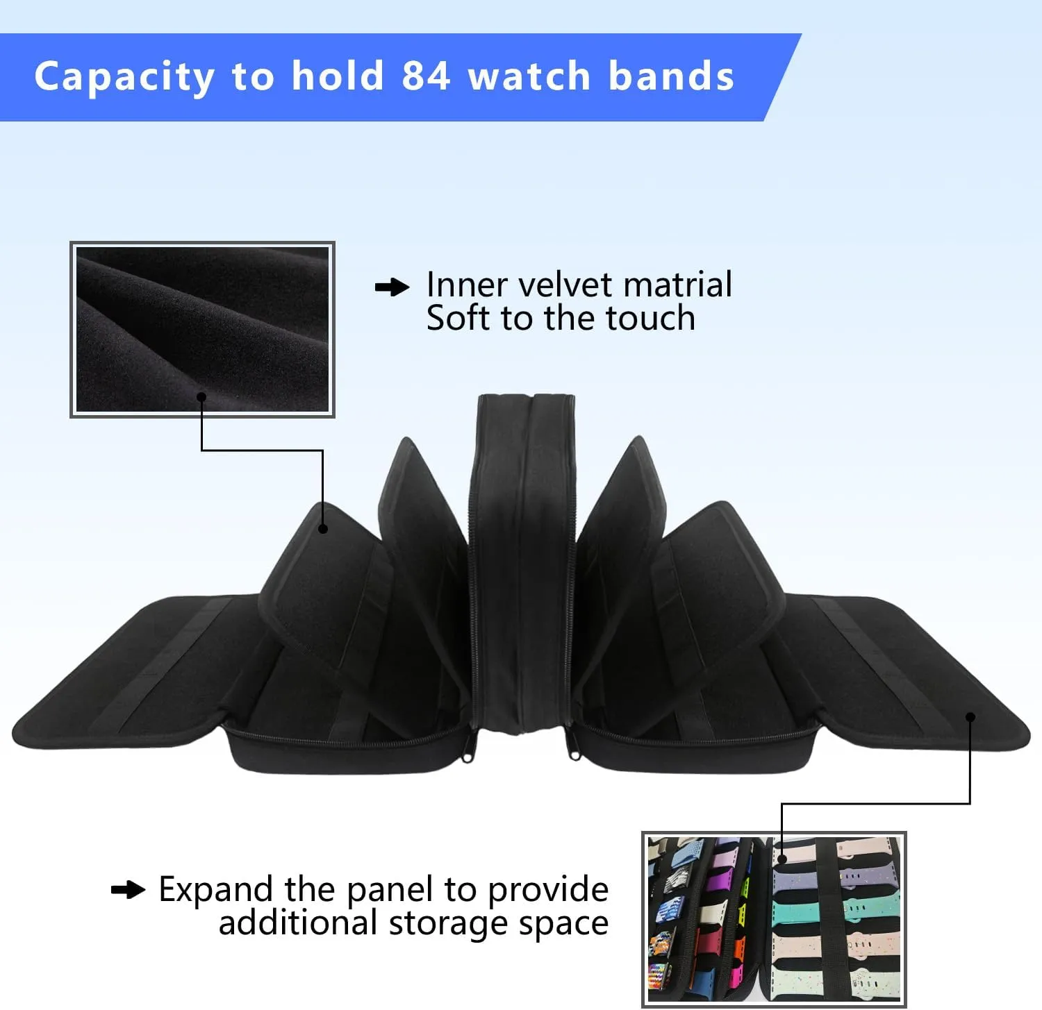 84 Slot Watch Bands Storage Bag - Organizer & Carrying Case for Most Sizes, Black