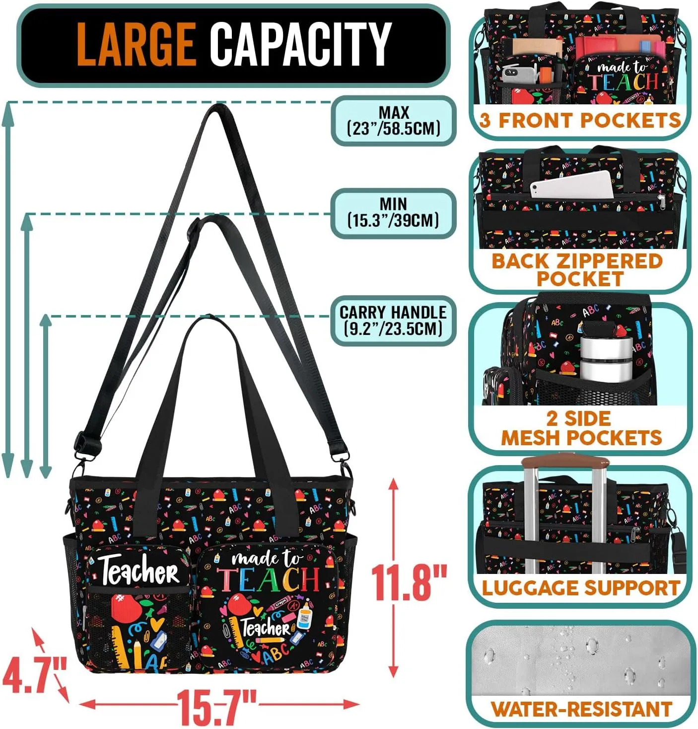 84hoods Large Teacher Work Bag. Waterproof Teacher Shoulder Bag for Work. Gift for Teacher.